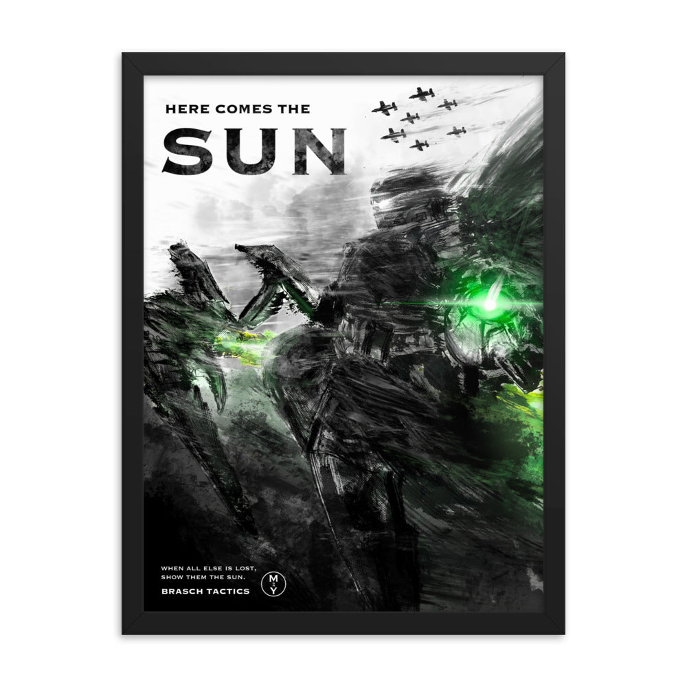 Here Comes The Sun - Framed Helldivers 2 Original Fan Illustration - 12x16, 18x24, Enhanced Matte Print in Ayous Wood Frame